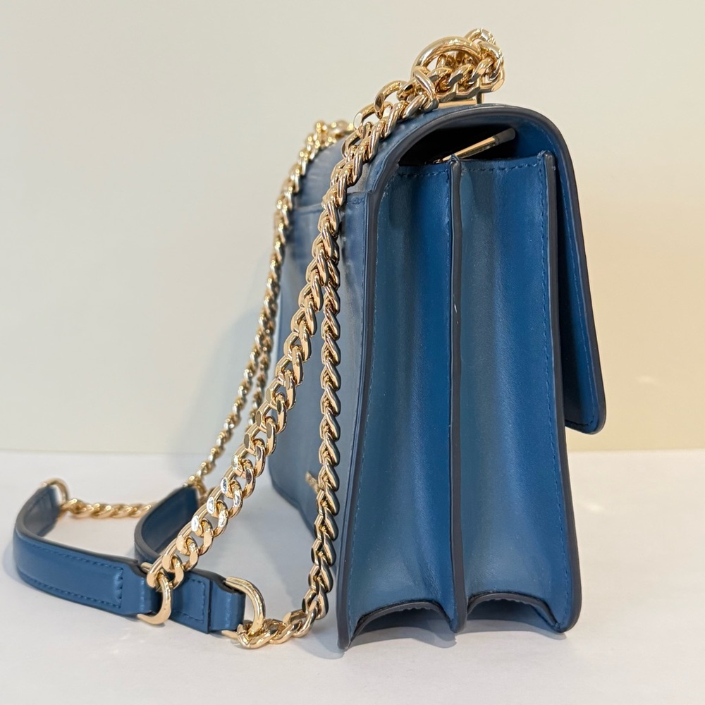 Michael Kors Jade Gusset Leather Shoulder Bag Blue Gold Chain Crossbody Shoulder - Picture 6 of 16